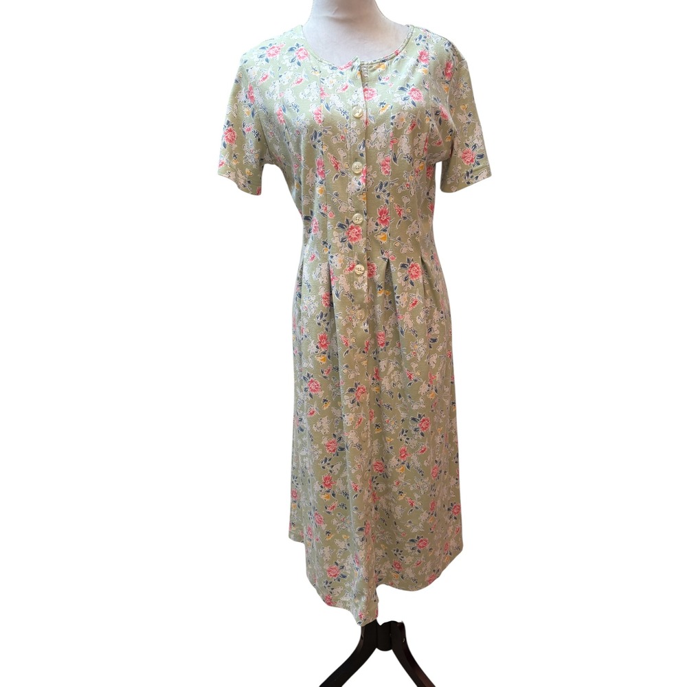 Talbots‎ Vintage Sage Green Floral Cotton Button Front Midi Dress Womens Medium